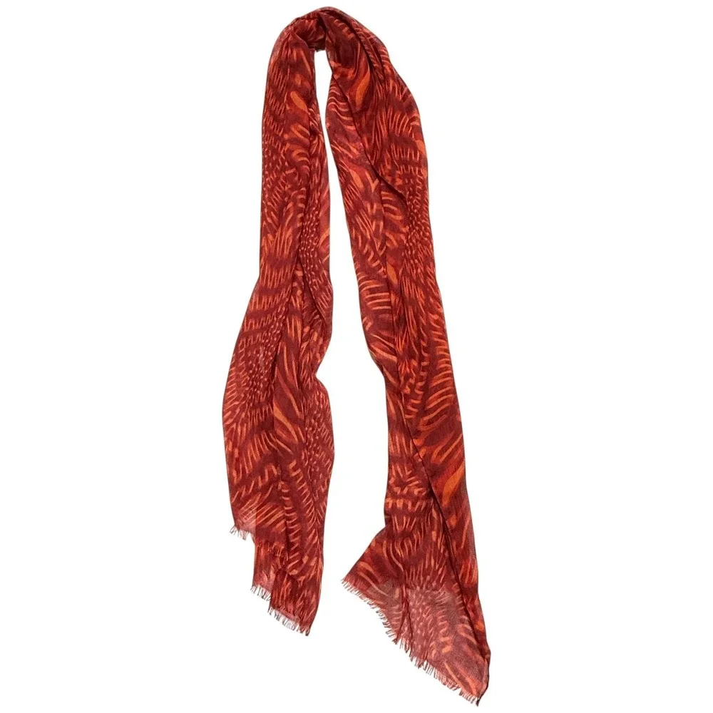 Calvin Klein Lightweight Scarf Red Orange Pattern Fringe Hem Gold Logo Charm